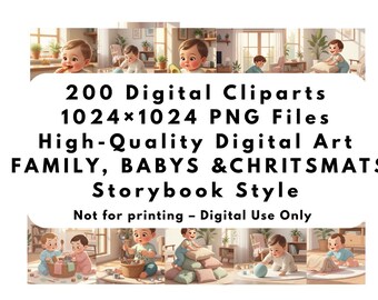 PNG-Bundle – 200 Bilderbuchillustrationen für Babys und Familien (Montessori, Weihnachten) – Digitaler Download