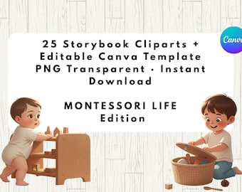Montessori-Clipart (PNG) + Canva-Vorlage – 25 Bilderbuchillustrationen für Kinder