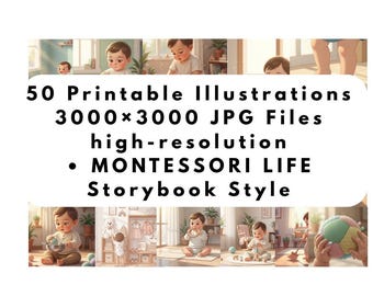 Montessori-Kinderbilder (JPG) – 50 Illustrationen zum praktischen Leben (3000×3000) – Digitaler Download