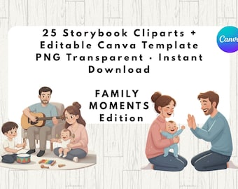 Familienmomente Clipart PNG + Canva-Vorlage – 25 transparente Bilderbuchillustrationen