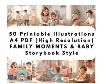 Familienmomente – Druckbare Illustrationen – 50 A4-Bilderbuchillustrationen (PDF) – Digitaler Download