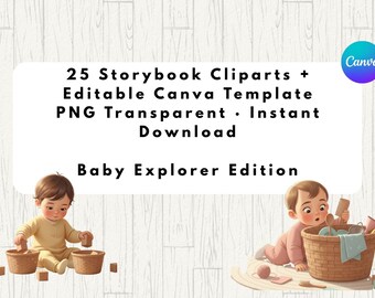 Baby-Entdecker-Clipart (PNG) + Canva-Vorlage – 25 transparente Bilderbuchillustrationen