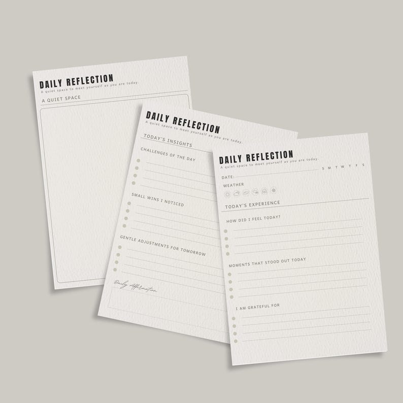 May include: Three off-white Daily Reflection journal pages. The pages have lines for writing and prompts such as "Today's Insights", "Challenges of the Day", and "How Did I Feel Today?" The top of each page reads "Daily Reflection: A quiet space to meet yourself as you are today."