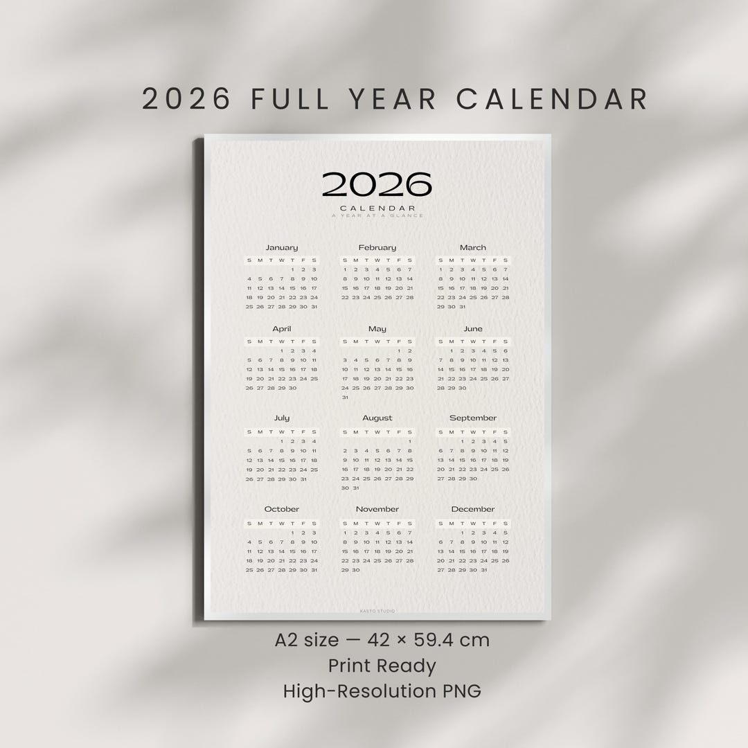 2026 Full Year Calendar | Minimalist Year at a Glance | A2 Printable ...