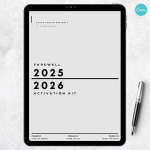 May include: A black tablet displays a minimalist design with the text "FAREWELL 2025 2026 ACTIVATION KIT." The tablet is accompanied by a pen. The design includes the phrases "Close The Chapter," "Bridge The Gap," and "Design The Future."