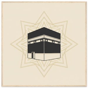 May include: A framed print featuring a stylized illustration of the Kaaba in Mecca. The black and white structure is centered against a beige background, with a gold starburst design behind it. The frame is made of light-colored wood.
