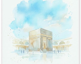 Kaaba Watercolor Print - Mecca Islamic Wall Art, Minimalist Mosque Decor, Soft Blue Decoration, Spiritual Home Poster, Hajj Umrah Gift