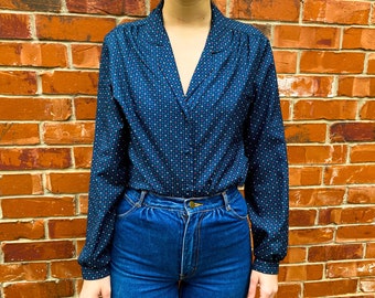 Vintage 1970s 1980s Lady Arrow Long Sleeve V-Neck Collared Button Up Blouse Size 14