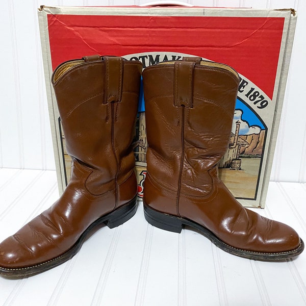 Vintage 1990s Justin Brown Leather Roper Pull On Cowboy Boots with Shoe Box Women's Size 5 B Made in USA