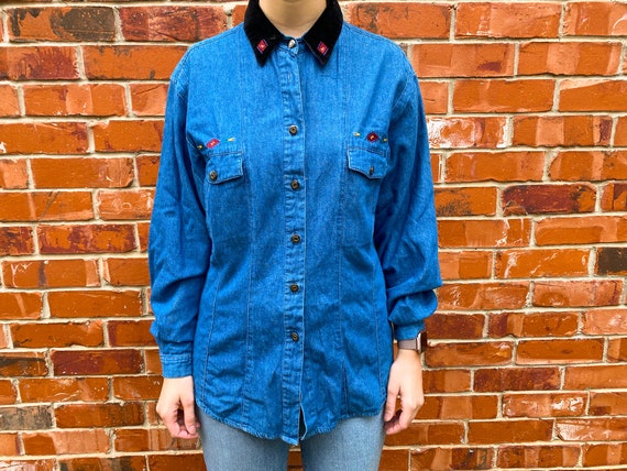 Vintage 1980s 1990s Wrangler Velvet Collar Denim Button up