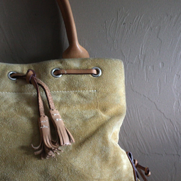 Vintage 1980's / 1990's Tan / Yellow Suede Dooney and Bourke Tote Bag Purse with Brown Leather Handles and Fringe Hippie Hipster Unique Rare