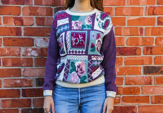 Vintage 1980s / 1990s RUSS Purple Floral Knit Pul… - image 1