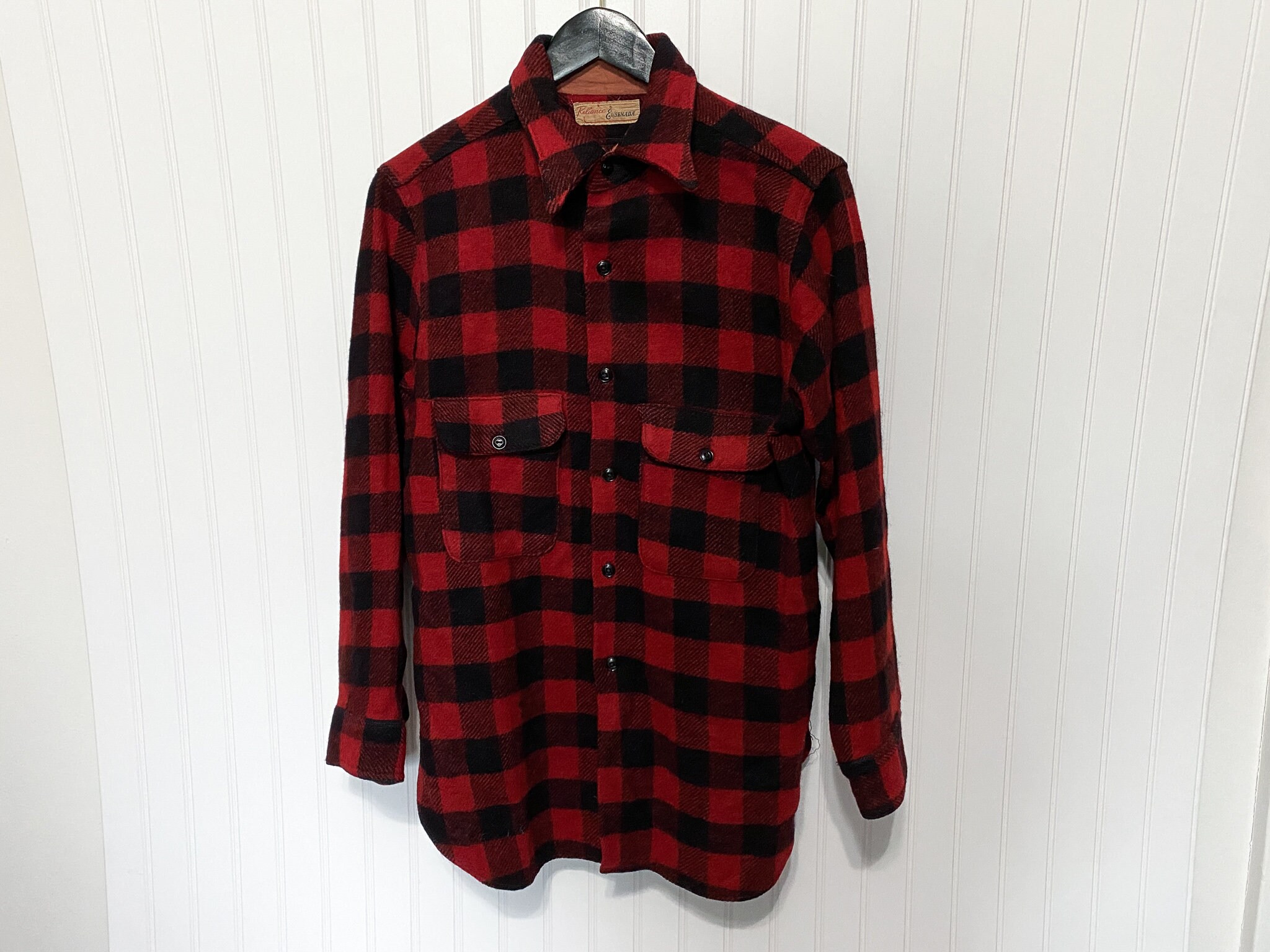 1950'S ENSENADA GREEN X WHITE PLAID COTTON SHIRT SZ/LARGE