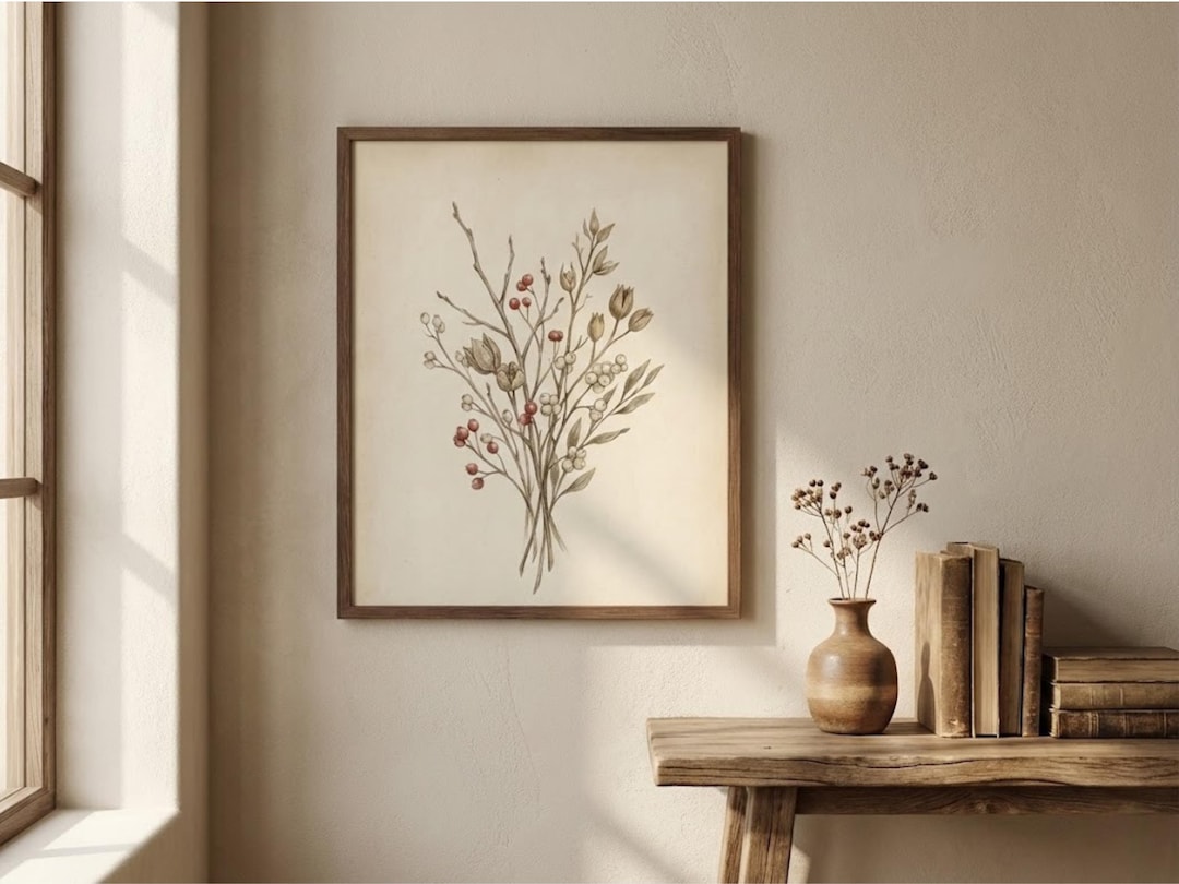 Neutral Botanical Wall Art – Minimal Line Floral Print, Rustic Plant ...