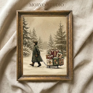 May include: A framed vintage print depicting a child pulling a sled filled with wrapped gifts in a snowy forest. The artwork has a sepia tone, with the text "MORVO STUDIO" at the top. The gifts are decorated with ribbons and festive patterns.
