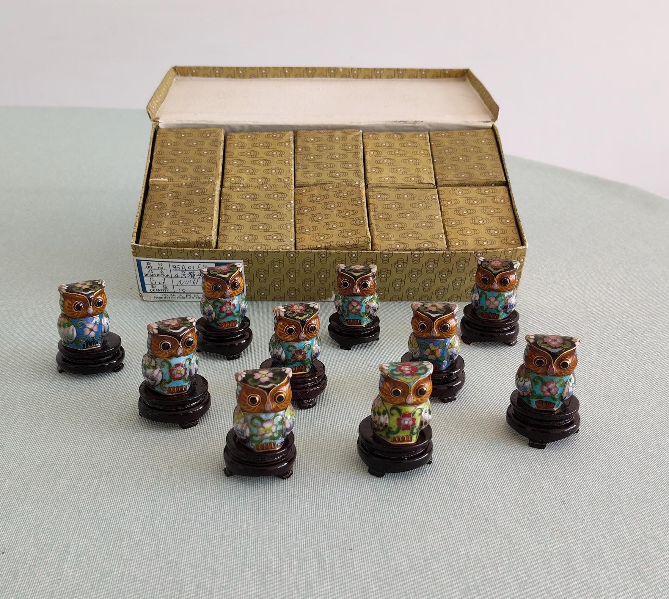 Set of 10 Vintage Cloisonne Owls NOS | Miniature Chinese Enamel Bird Figurines