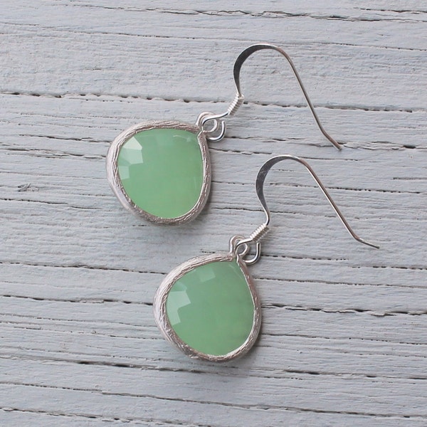 Seafoam Silver Bezel Set Earrings - Mint Green Jade Sea Ocean Milky Green Silver Framed Teardrop Chalcedony Heart Briolette Faceted Earrings