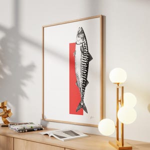 Pode incluir: Impressão artística emoldurada com uma ilustração detalhada em preto e branco de um peixe cavala sobre um fundo vermelho. A obra de arte é apresentada numa moldura de madeira clara. A impressão é montada numa parede branca. Uma decoração de parede elegante.