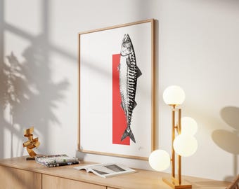 Póster de caballa en blanco y negro – Ilustración de umbral – Impresión de arte minimalista – Decoración náutica para cocina – Arte mural de peces