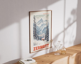 Póster de viaje a Zermatt – Arte mural vintage de los Alpes suizos – Impresión del Cervino – Decoración de viaje a Suiza – Regalo para amantes de la montaña y los viajes