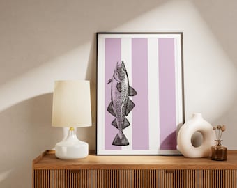 Póster minimalista de bacalao, póster de pescado en escala de grises, arte mural marítimo, decoración escandinava, impresión de arte moderno marino.