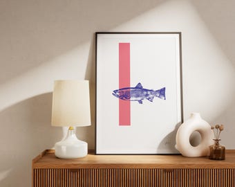Póster de trucha bitono | Ilustración de peces | Arte mural de pesca | Decoración vintage de naturaleza | Regalo para pescadores | Impresión minimalista retro de peces