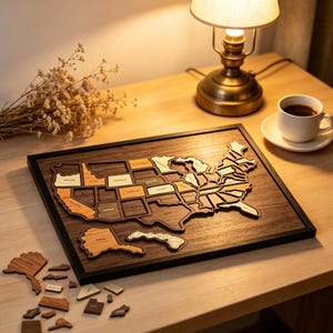 Può includere: Una mappa in legno degli Stati Uniti incorniciata, composta da singoli pezzi che rappresentano gli stati in varie tonalità di legno. La mappa è montata su un supporto in legno scuro all'interno di una cornice nera, con pezzi sparsi sul piano.