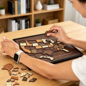 Peut inclure: Un puzzle en bois représentant la carte des États-Unis avec des pièces découpées au laser dans des tons de brun et de beige. Le puzzle est encadré de noir, avec des pièces éparpillées sur la table et une pièce en cours d'insertion.