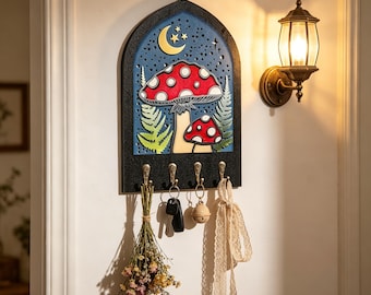 Llavero con fases lunares en forma de hongo, ganchos de pared de madera celestiales, decoración botánica mística