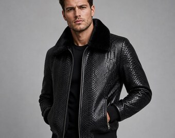 Men’s Black Snakeskin Pattern Leather Jacket Stylish Urban Streetwear Outerwear