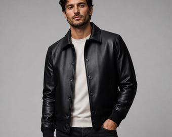 Zwart leren varsityjack heren klassieke streetwear bomberjas