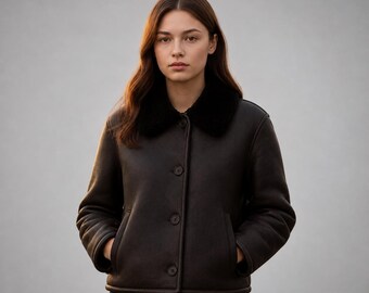 Women's Brown Puffer Jacket, Winter Coat with Faux Fur Hood