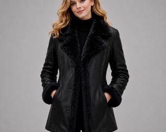 Women Black Leather Fur Jacket – Elegant Cold Weather Faux Fur Outerwear