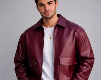 Men’s Burgundy Leather Jacket- Classic Bomber Style Casual Outerwear