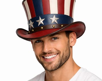 Handmade Leather USA Flag Vintage Hat Men| Patriotic Uncle Sam Festival Cosplay