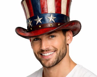 American Flag Leather Top Hat- Patriotic Uncle Sam Victorian- Western Festival Costume Hat