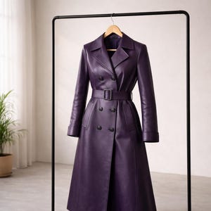 Elegante paarse leren lange trenchcoat dames | Handgemaakte jas over de volledige lengte