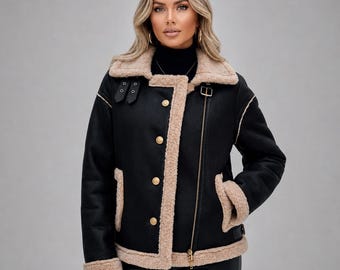 Women’s Black Shearling Jacket- Winter Coat- Faux Fur Trim Outerwear