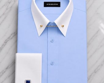 Light Blue Men's Dress Shirt Giza Cotton: White Collar & French Cuff