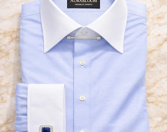 Camisa de vestir azul claro para hombre, algodón Giza: cuello blanco y puños franceses