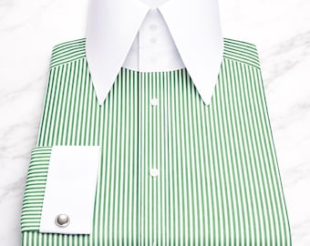 Herren grün gestreiftes Giza Cotton Stehkragenhemd - weiße französische Manschette