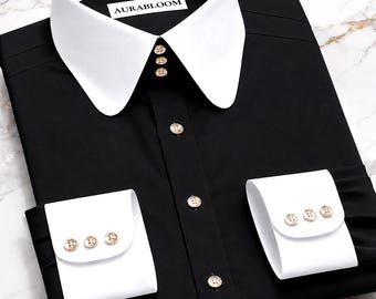 Men's Royal Black Giza Cotton Dress Shirt - High Collar, 3-Button Cuff