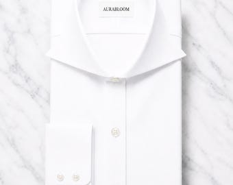 Camicia elegante Royal in cotone egiziano bianco tinta unita - Colletto alla francese - Polsini arrotondati con due bottoni