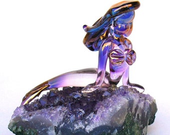 Mermaid Figurine Sculpture Blown Glass Amethyst Crystal