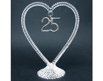 25th Anniversary Wedding Cake Topper, Hand Blown Glass, Silver, Heart, Custom