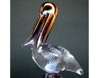 Pelican Figurine of Hand Blown Glass Amethyst 24K Gold