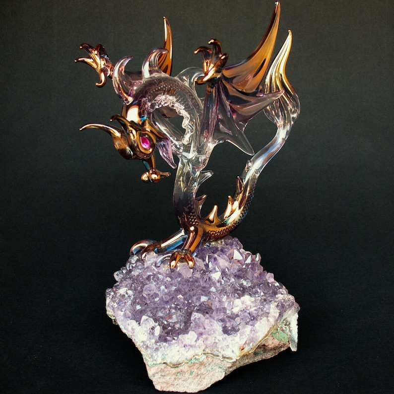 Dragon Figurine Winged Blown Glass on Amethyst Crystal