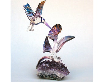 Hummingbird Sculpture Blown Glass Amethyst Crystal Gold