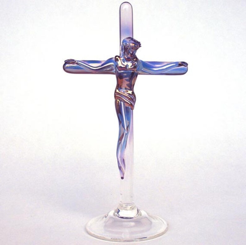 Crucifix Jesus Cross Figurine Blown Glass Crystal Gold Etsy