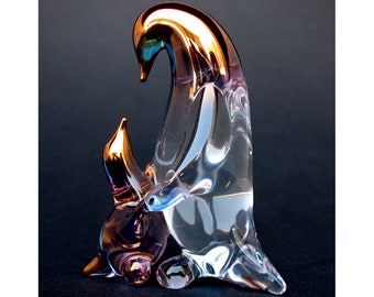 Penguin Mother Baby Figurine Blown Glass Gold Sculpture